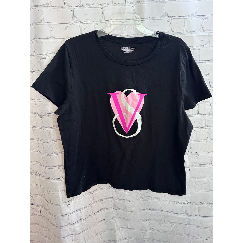 Victoria's Secret Graphic Tee Heart Logo Short Sleeve Black Top XL